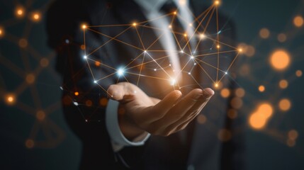 Businessman hand-holding algorithm development icons with strong network connections. Fostering the growth of innovation-driven and tech-savvy busines, AI Generative