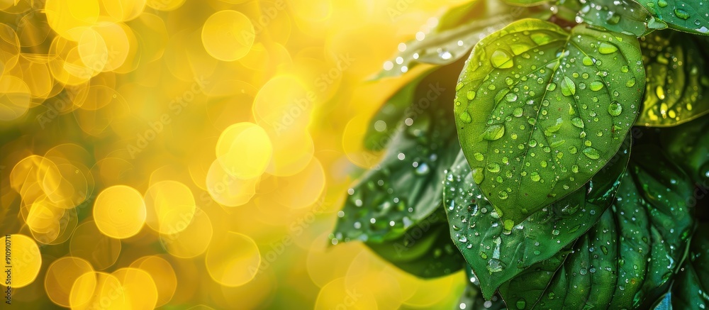 Leinwandbilder macro shot of green autumn leaves with dew drops on a blurred yellow backdrop emphasizing nature wit