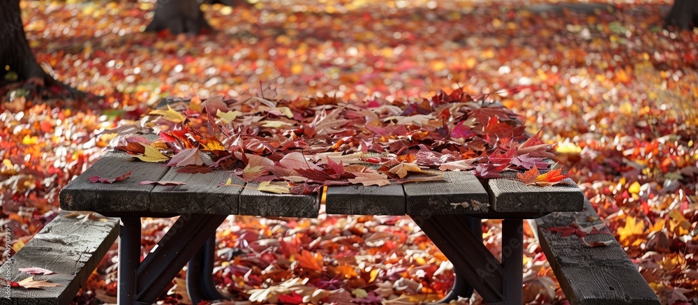 Poster In a park fallen red and gold autumn maple leaves surround a picnic table creating a picturesque scene with copy space image available
