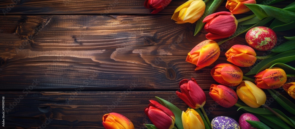 Leinwandbilder top view of vibrant easter eggs and tulips on a rustic brown wooden surface with ample copy space im
