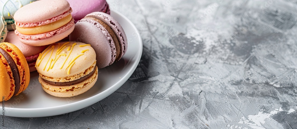 Aufkleber French macarons displayed on a plate against a gray concrete backdrop with a clear area for text or other elements in the image. Creative banner. Copyspace image