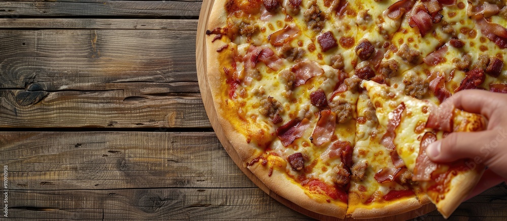 Poster taking a slice of a homemade italian bacon sausage and cheese pizza from a wooden table with a hand 