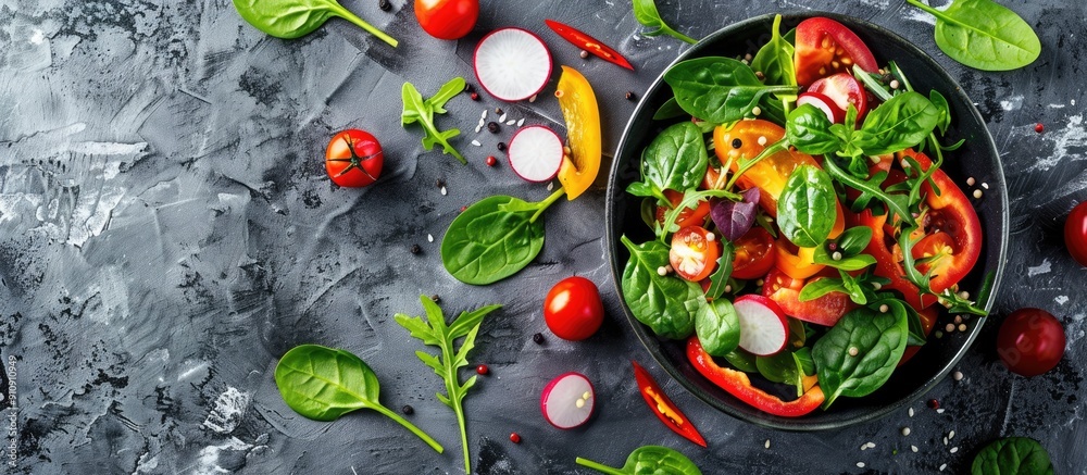 Poster Fresh vegetable salad beautifully presented on a textured gray stone backdrop with ample copy space showcasing a vibrant array of colorful ingredients such as tomatoes spinach peppers chili and radis