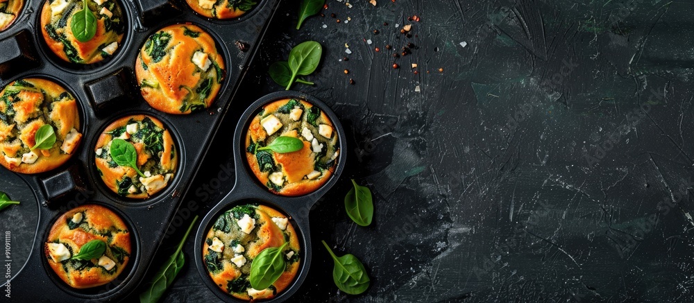 Poster Muffins with spinach and feta just out of the oven displayed in a baking tin with available copy space image