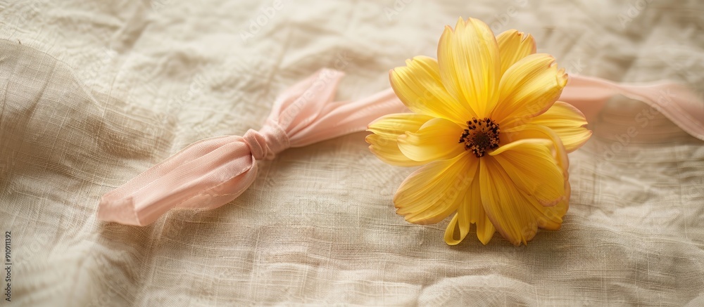 Sticker A yellow flower is elegantly adorned with a pretty pink ribbon against a soft linen backdrop suitable for a copy space image