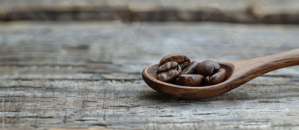 Poster Wooden spoon with a coffee bean on a wooden background conveying a concept with space for copy in the image