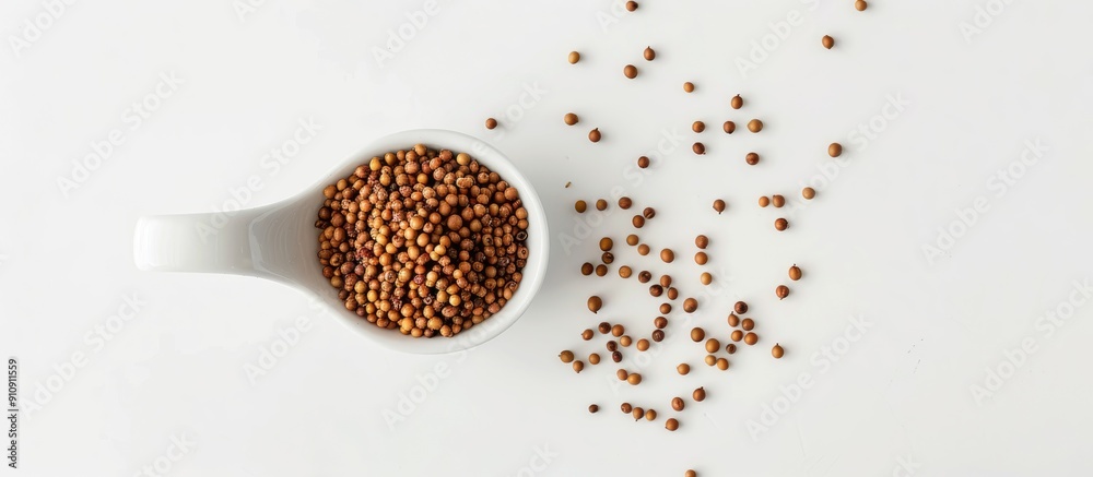 Poster a top view studio shot of brassica hirta mustard seeds in a white spoon on a white background with s