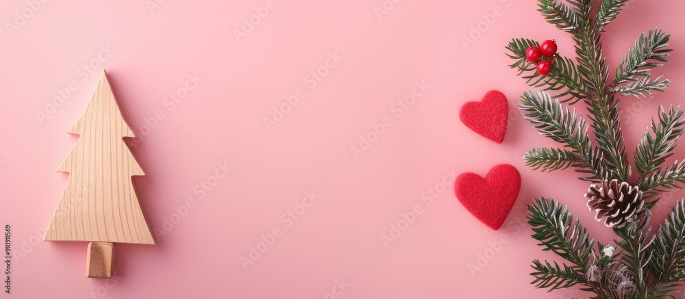 Poster minimal christmas themed composition featuring a wooden christmas tree red heart decoration and ever
