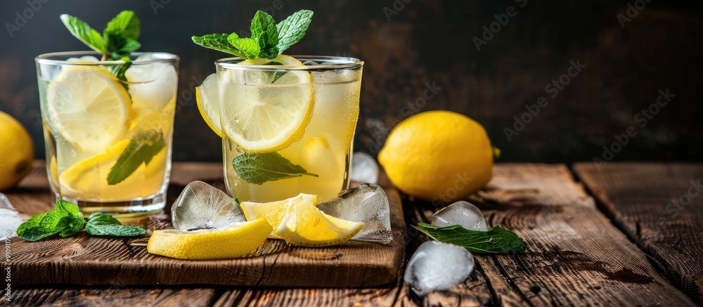 Poster refreshing summer lemonade with lemon slices mint leaves and ice cubes in two glasses on a wooden su