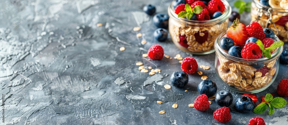 Aufkleber glass jars filled with appetizing oatmeal and fresh berries arranged on a neutral grey backdrop with