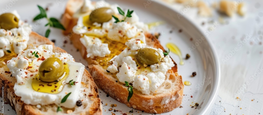Poster rusks bread topped with goat cheese honey pollen and olives on a white plate isolated with copy spac