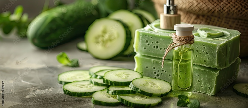 Aufkleber Spa treatments using cucumber soap a bottle of cucumber extract and cucumber slices displayed in a copy space image for body care products