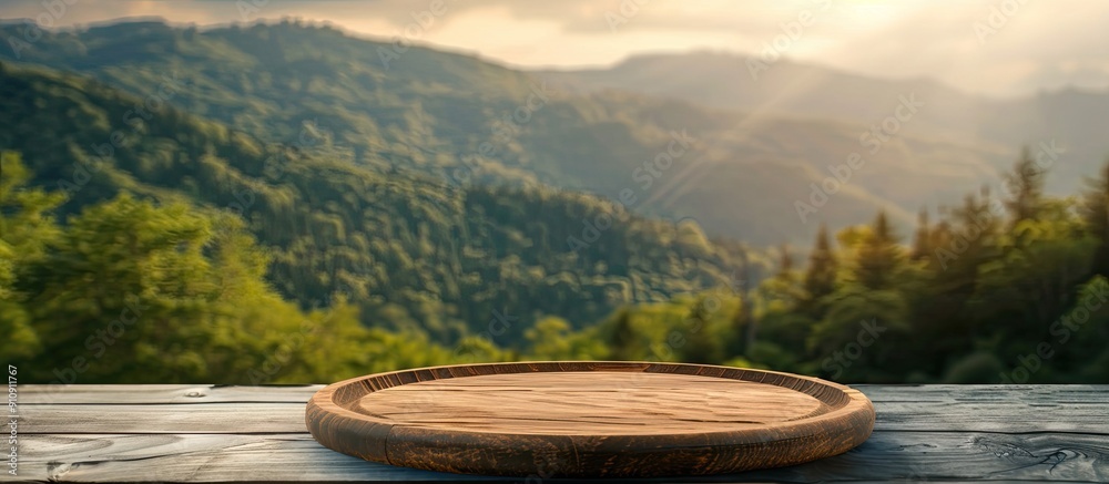 Fototapete wooden plate on the table with a soft blurry mountain background perfect for your copy space image a