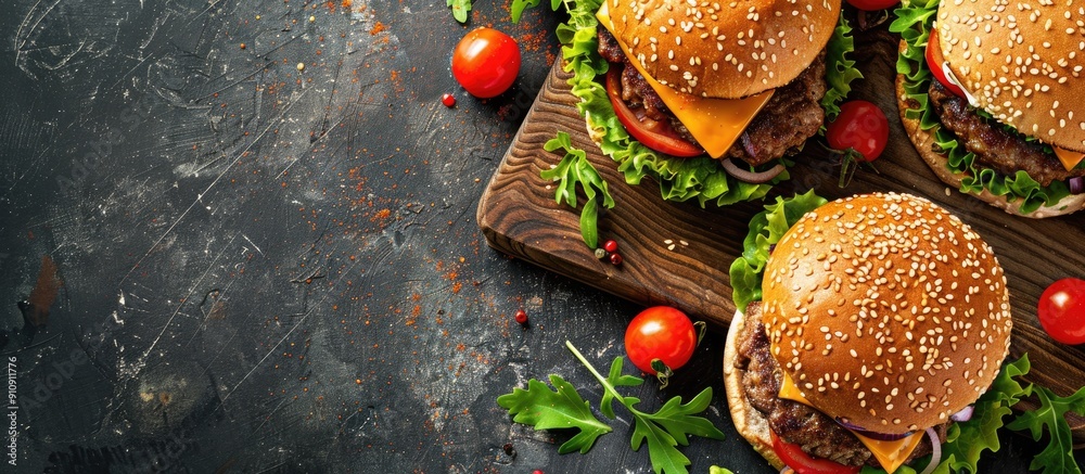 Poster Pork burger displayed on a cutting board with copy space image