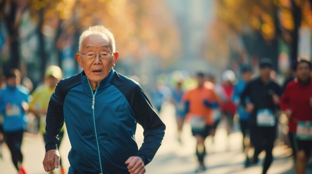 An elderly man runs with determination among a group of marathon participants in a colorful autumn setting