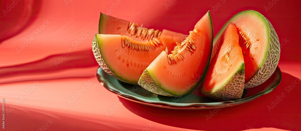 Poster a visually appealing plate display featuring delicious ripe melons set against a vibrant red backdro