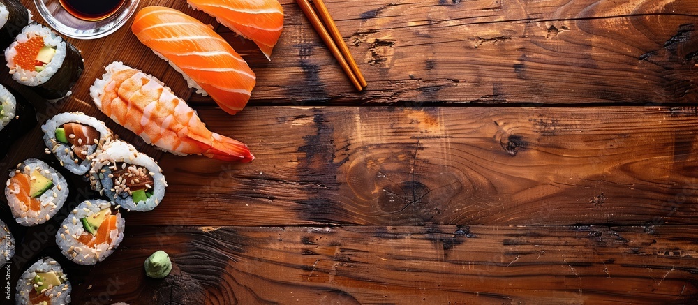Aufkleber a top down view of sushi displayed on a wooden table featuring a copy space image