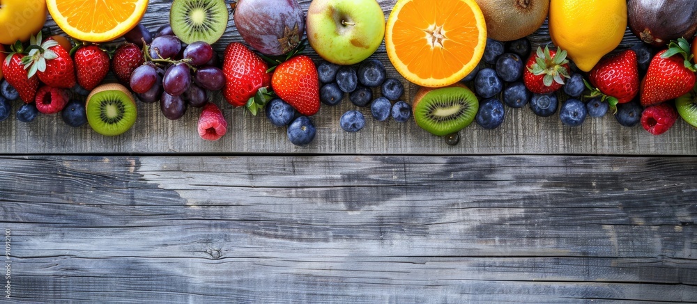 Poster various fruits and berries like strawberries blueberries mango oranges apples grapes and kiwis beaut
