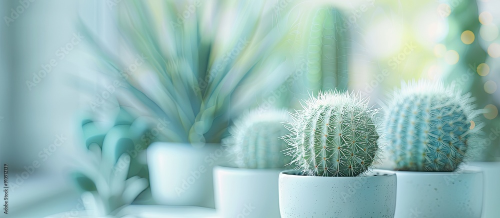 Aufkleber white potted cactus with blurred backdrop providing copy space image