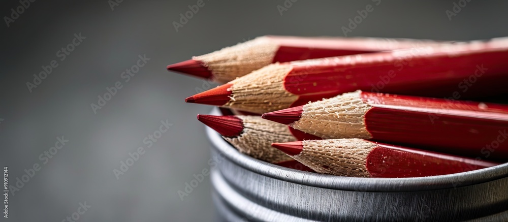 Aufkleber red sharp wooden pencils placed in a metal tin on a gray background with focus on the pencils ideal 