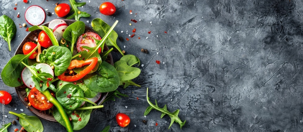 Poster Fresh vegetable salad beautifully presented on a textured gray stone backdrop with ample copy space showcasing a vibrant array of colorful ingredients such as tomatoes spinach peppers chili and radis