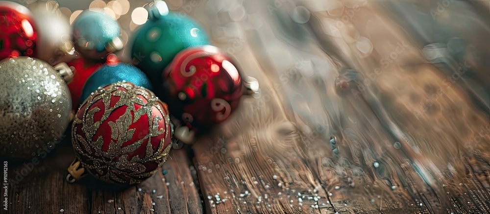 Poster Various Christmas ornaments displayed on a wooden surface with copy space image