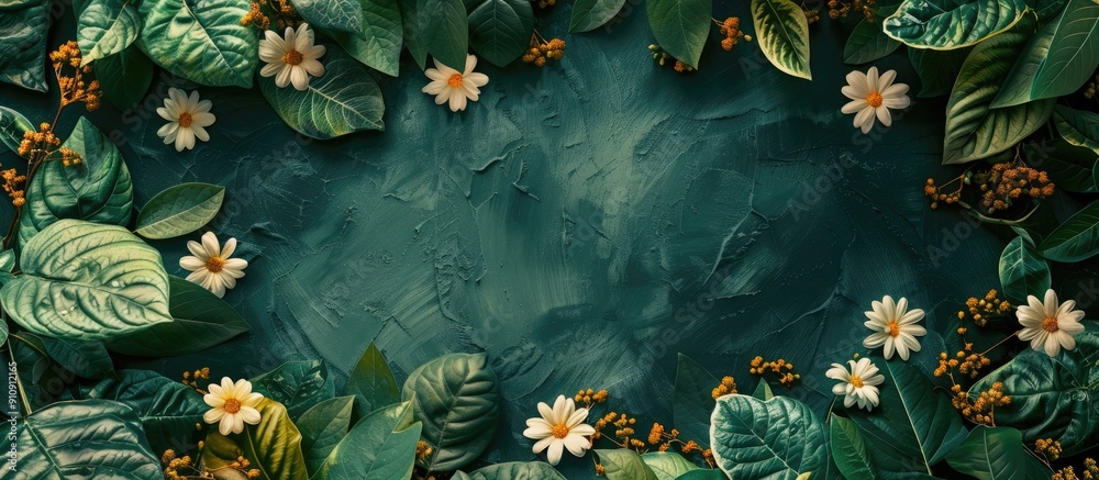 Poster nature themed background with flowers and leaves in a flat lay arrangement perfect for a copy space 