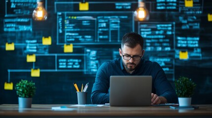 Focused man working on laptop in a modern office with blue charts and sticky notes on the wall, symbolizing productivity and innovation.