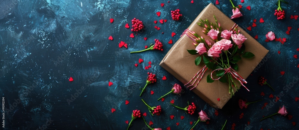 Poster valentine s day concept shown in a top view photograph featuring a gift box with lovely flowers and 