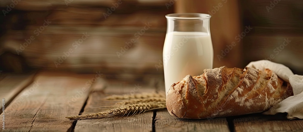 Poster a glass of milk sits next to a rustic sourdough bread loaf on a wooden table with copy space image