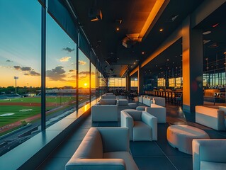 Fototapeta premium Luxurious VIP Lounge with Panoramic Stadium View at Dazzling Sunset