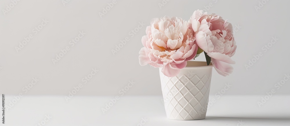 Poster Peony flower in a waffle cup with a white background embodying the essence of spring and summer with a minimalist design for a greeting card featuring a copy space image