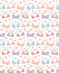 Vector seamless pattern with various types of bras. Cute pastel shades background in flat style