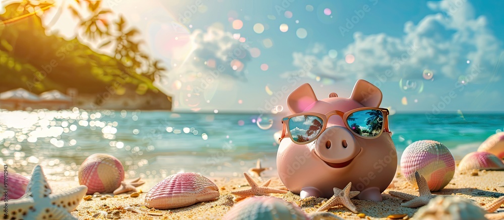 Poster Piggy bank in summer attire with sunglasses relaxing on a beach with a blank space for an image. Creative banner. Copyspace image