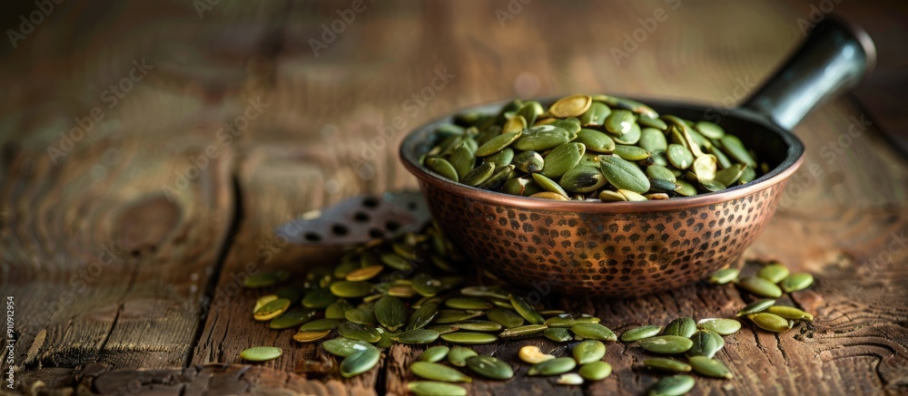 Poster pumpkin seeds and a vintage scoop in a copper bowl on a wooden background with copy space image avai