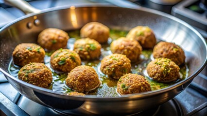 Falafel recién hecho friéndose en una sartén, mostrando su color dorado y textura crujiente. Las especias y hierbas aromáticas realzan el sabor de estos populares bocados del Medio Oriente, perfectos 