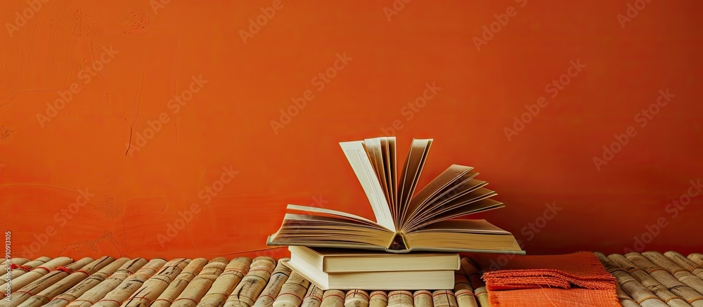 Poster wooden table displaying hardback books and an open book on orange rattan background with educational