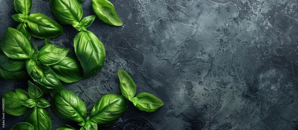 Aufkleber Top view of large green basil leaves on a dark grey backdrop with room for text or other elements close up in the image. Creative banner. Copyspace image