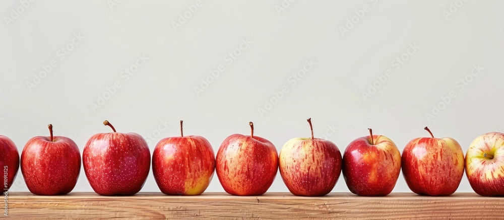 Poster Row of ripe apples arranged on wooden surface against a white backdrop with copy space image