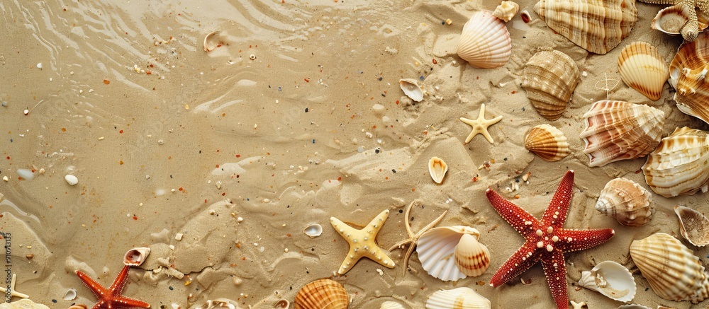 Leinwandbilder a top down view shows starfish and seashells scattered on sandy beach with ample copy space image av