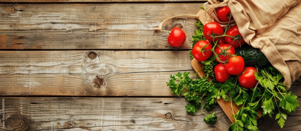 Poster fresh vegetables in a reusable shopping bag from a grocery farm shop beside a chopping board on a vi