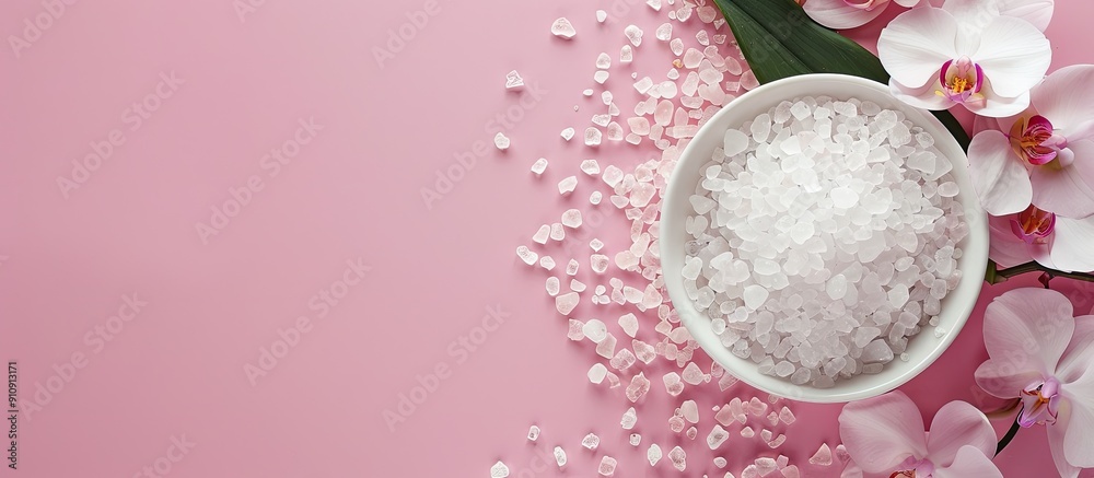 Poster flat lay setup featuring white spa sea salt a white orchid and room for text on a pink backdrop embo