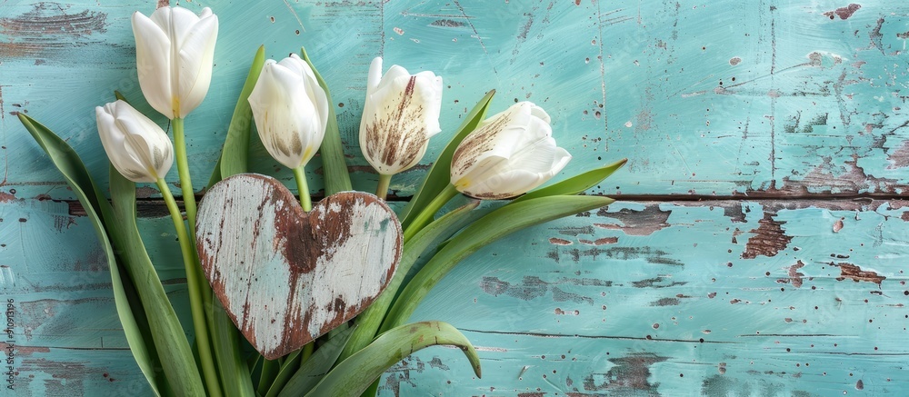 Poster a serene lifestyle composition for a holiday featuring white and green tulips arranged next to a woo