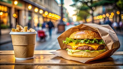 Un jugoso cheeseburger con lechuga, tomate y queso cheddar, servido en una envoltura de papel marrón con papas fritas y un refresco. El entorno urbano de fondo resalta la popularidad de este platillo 