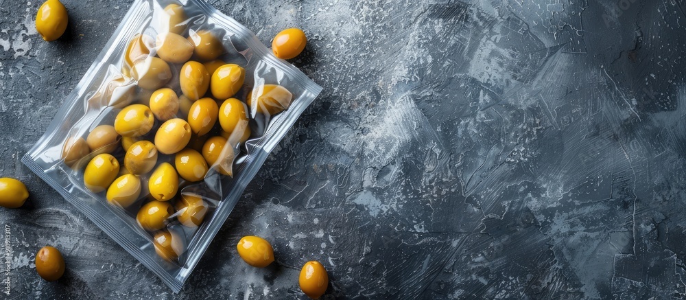 Poster Top view of olives in an unlabeled vacuum pack on a gray stone table with space for text in the image. Creative banner. Copyspace image