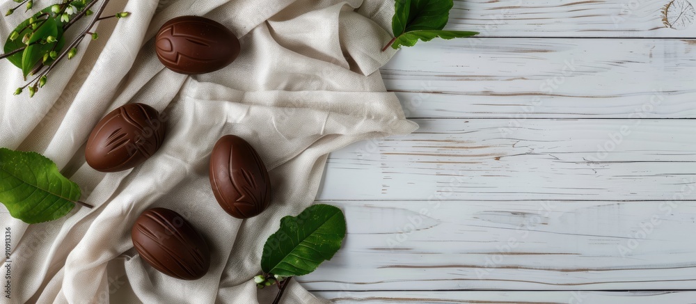 Aufkleber Easter themed chocolate eggs on a white wooden surface with natural linen fabric and green spring leaves for a rustic backdrop in a photo with empty space for design elements. Creative banner