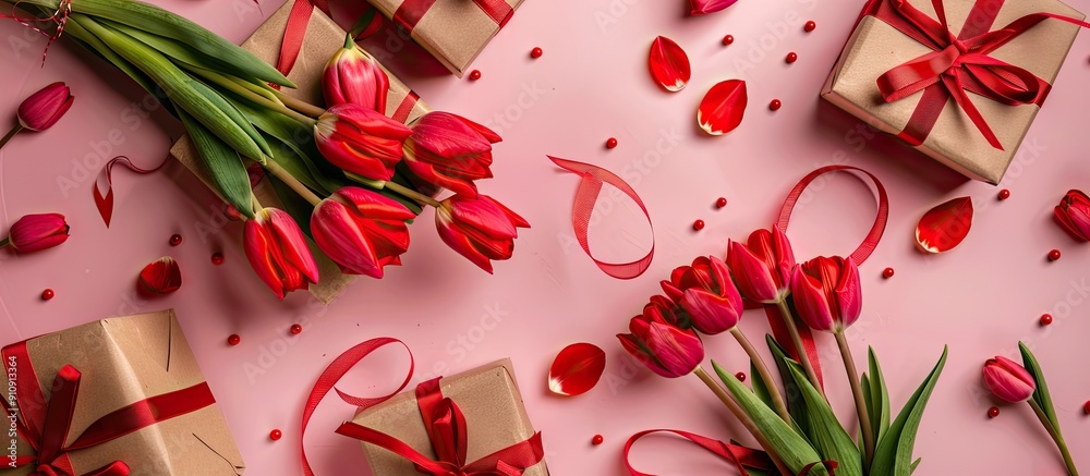 Aufkleber Top view of red tulip bouquet with gift boxes on a pink background featuring a central copy space image