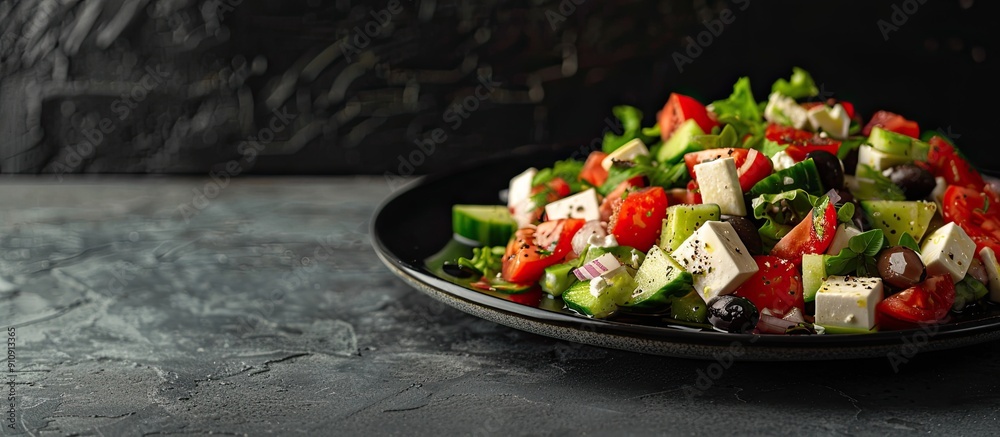 Aufkleber greek salad served on a black plate with ample copy space image for presentation