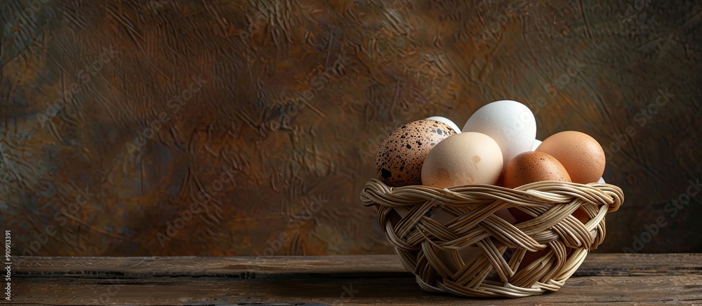 Aufkleber eggs from ducks arranged in a basket woven from rattan with copy space image available