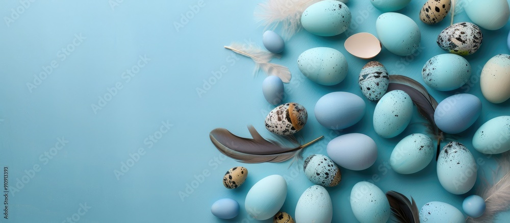 Aufkleber easter themed border of stunning blue ombre easter eggs with quail eggs and feathers on a blue backd